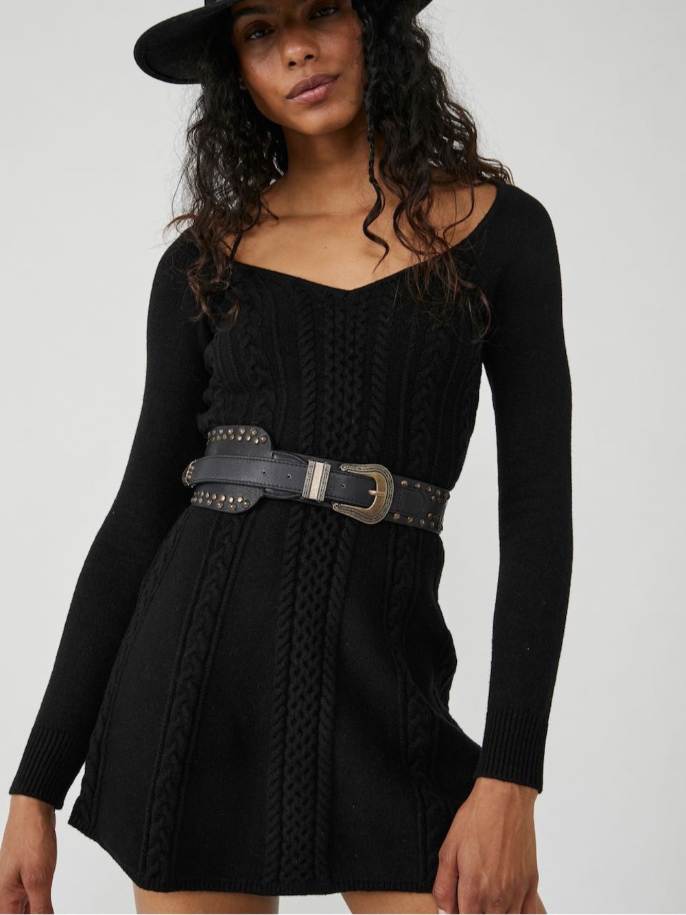 Free People Black Leather Studded Western Belt with Antiqued Gold Buckle - Picture 4 of 7